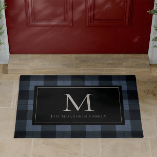 Blue & Black Buffalo Plaid Monogram & Name Doormat