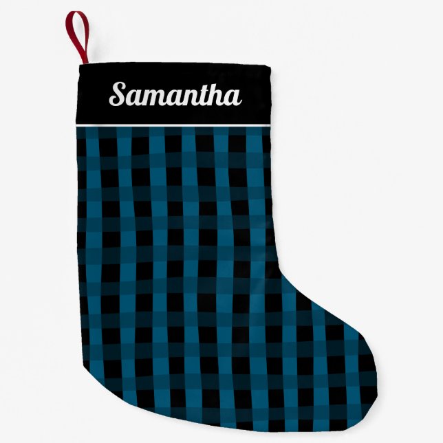 Blue Black Buffalo Plaid Personalised Name Small Christmas Stocking (Front)