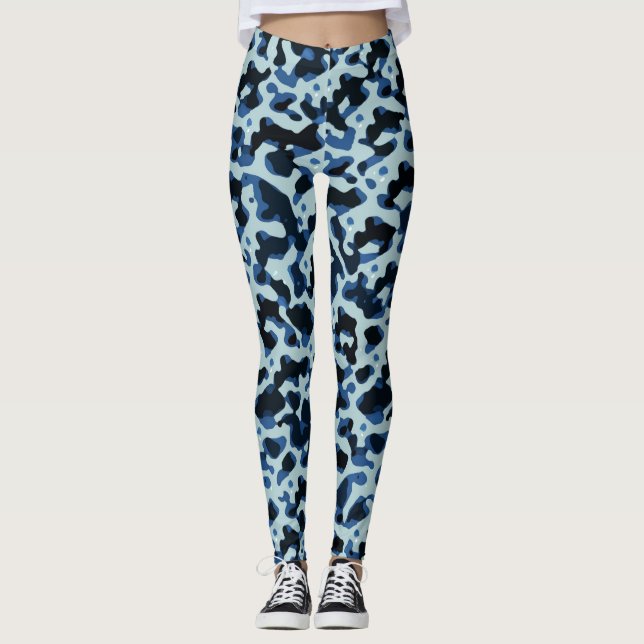 Blue Black Camo Abstract Pattern Leggings (Front)
