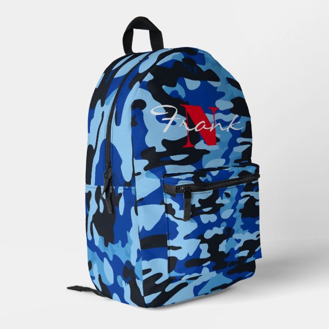 Blue & Black Camo Backpack – Custom Name/Logo (Back Corner Left)
