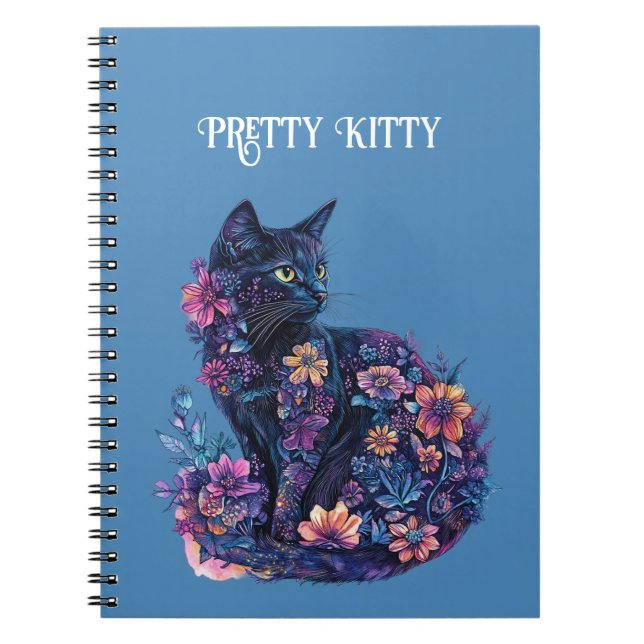 Blue Black Cat Flowers Pretty Kitty Notebook (Front)