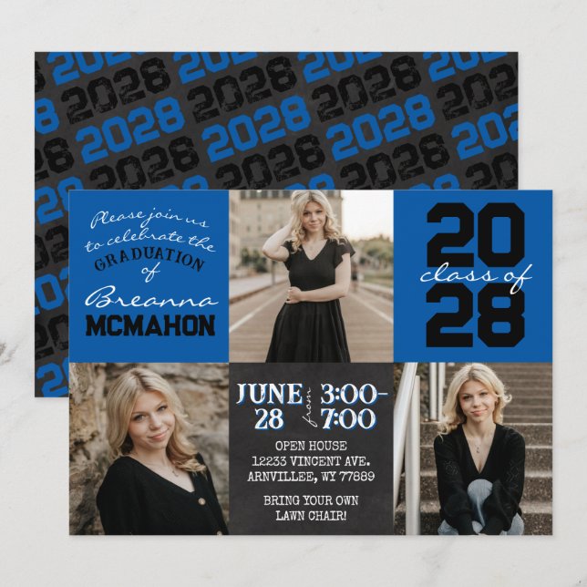 Blue & Black Chalkboard 3 Photo Graduation Invitation (Front/Back)