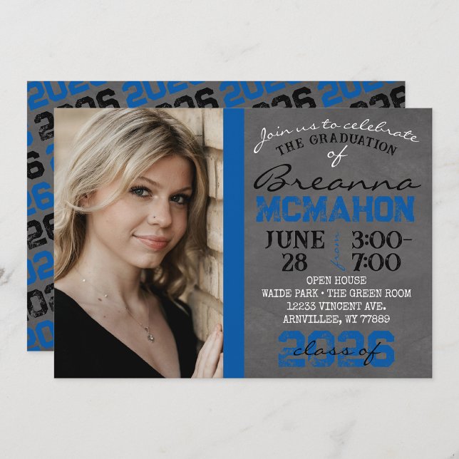 Blue & Black Chalkboard Graduation Invitation (Repeating Class Year Chalkboard Graduation Photo Invite)