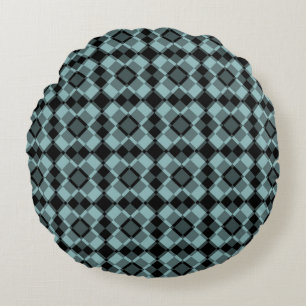 Blue Black Checker Argyle Pattern Round Cushion