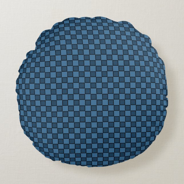 Blue Black Chequerboard Pattern Round Cushion (Front)