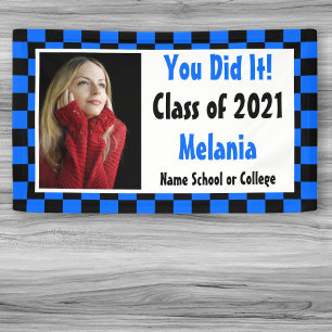 Blue Black Chequerboard Photo Graduation Banner