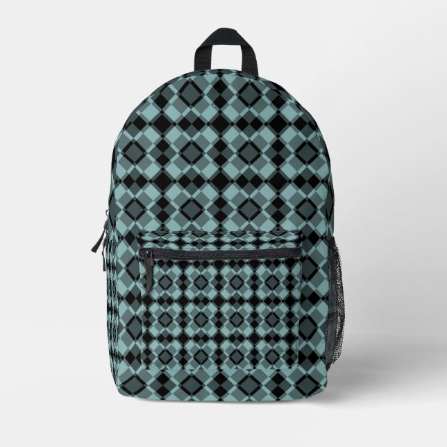 Blue Black Chequered Argyle Pattern Printed Backpack (Front)