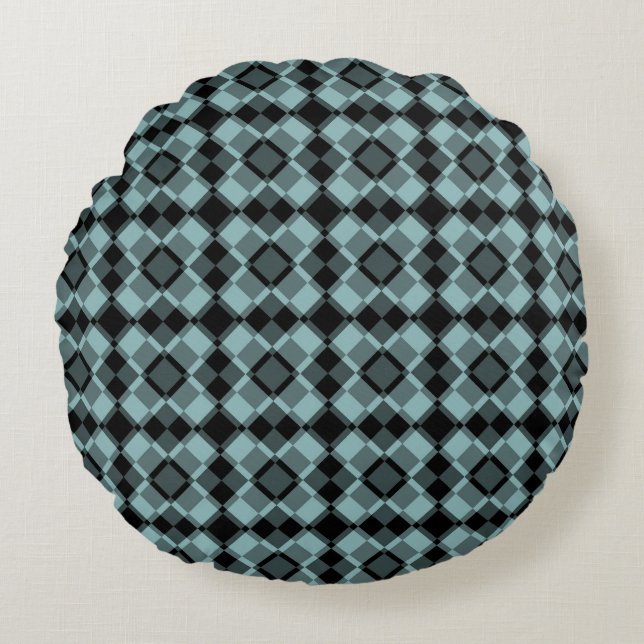 Blue Black Chequered Argyle Pattern Round Cushion (Front)
