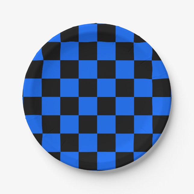 Blue Black Chequered Check Pattern Paper Plate (Front)