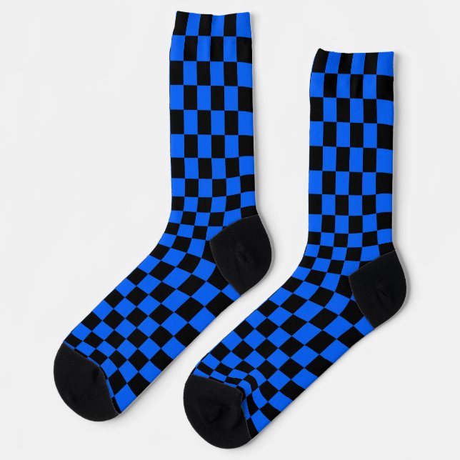 Blue Black Chequered Check Pattern Socks (Left)