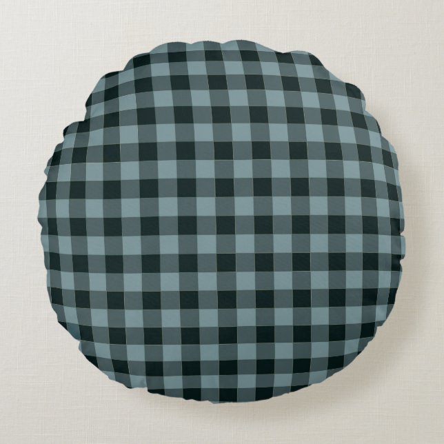 Blue Black Chequered Gingham Pattern Round Cushion (Front)