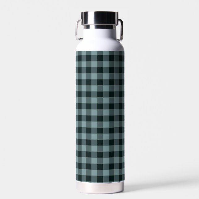 Blue Black Chequered Gingham Pattern Water Bottle (Front)