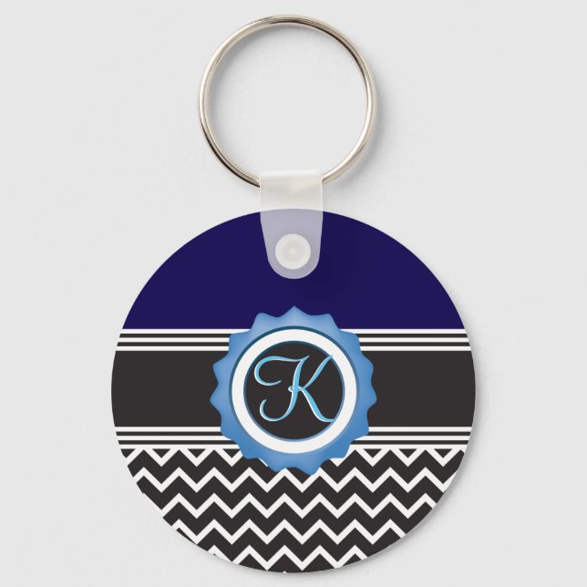Blue Black Chevron Monogram Key Ring (Front)