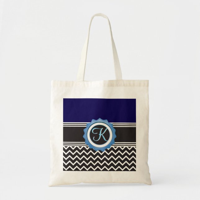 Blue Black Chevron Monogram Tote Bag (Front)
