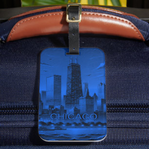 Blue Black Chicago Skyline  Luggage Tag