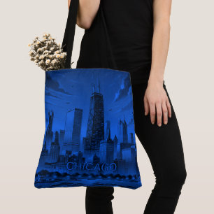 Blue Black Chicago Skyline Tote Bag