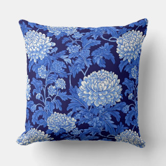 Blue Black Chinoiserie Peony Floral Cushion