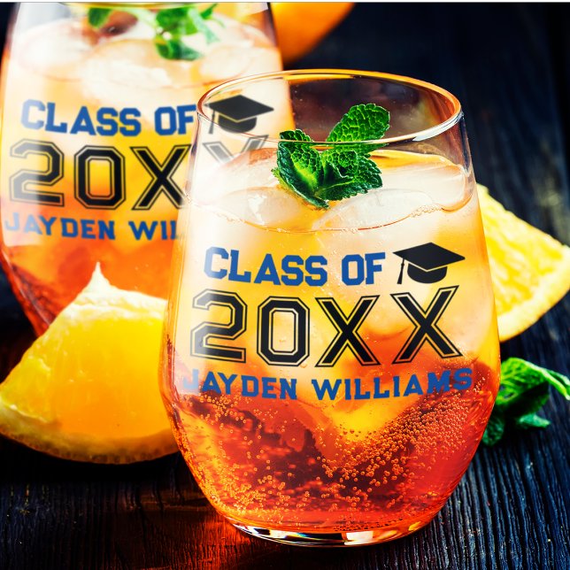 Blue Black Class of 2025 Custom Men Graduation Stemless Wine Glass (Blue Black Class of 2025 Custom Men Graduation Stemless Wine Glass
)