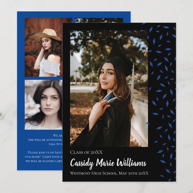 Blue Black Confetti Graduation Announcement (Front/Back)