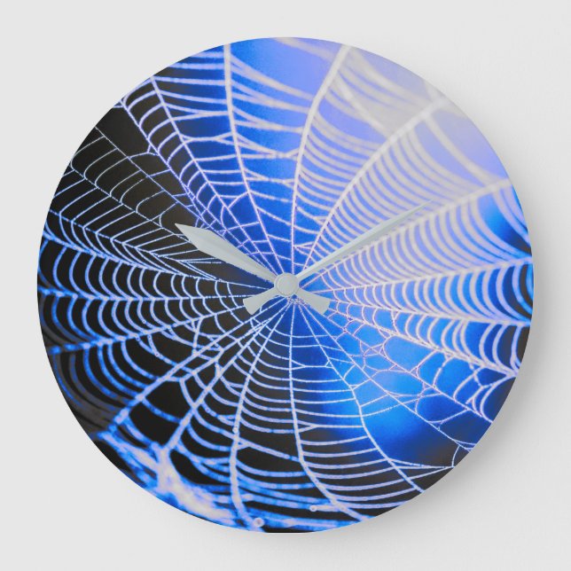 Blue Black Creepy Spooky Spider Web Large Clock (Front)
