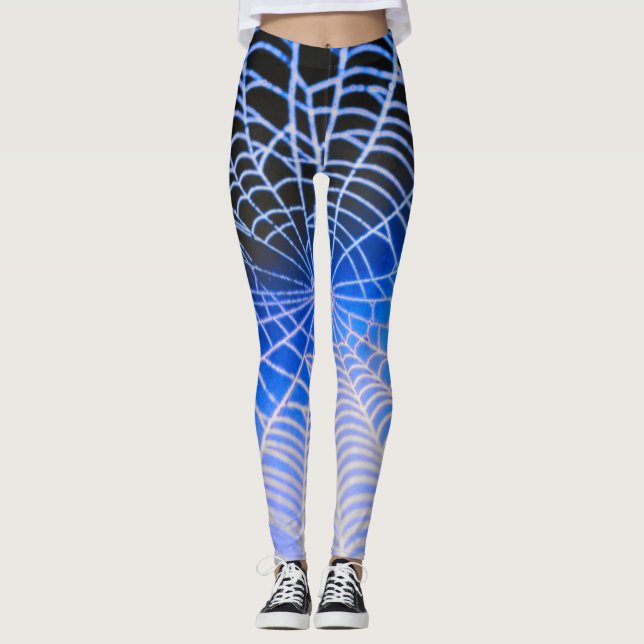 Blue Black Creepy Spooky Spider Web Leggings (Front)