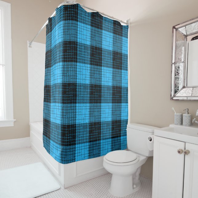  Blue Black Crosshatch Buffalo Check Shower Curtain (In Situ)
