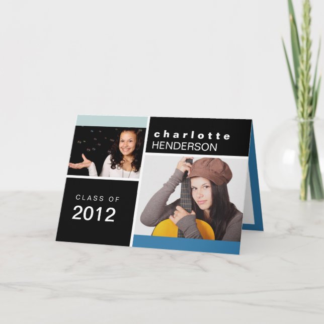 Blue black custom photo graduation announcement (Front)