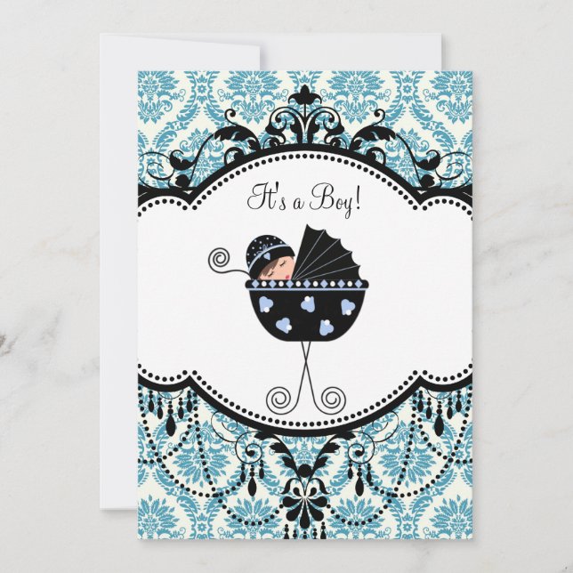 Blue Black Damask Baby Boy Shower Invitations (Front)