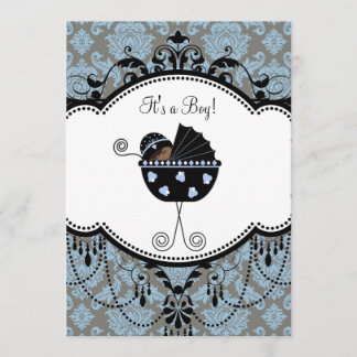 Blue Black Damask Baby Boy Shower Invitations