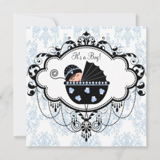 Blue Black Damask Baby Boy Shower Invitations