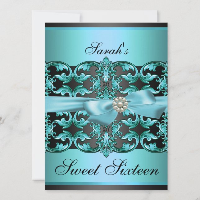 Blue/Black Damask & Bow Sweet16 Birthday Invite (Front)