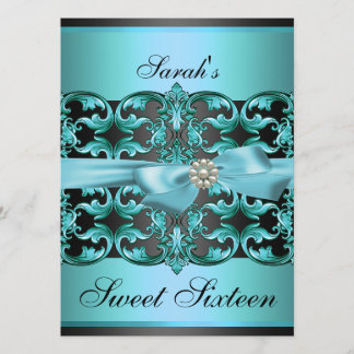 Blue/Black Damask & Bow Sweet16 Birthday Invite