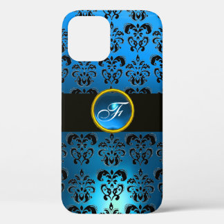 BLUE BLACK DAMASK GEM STONE MONOGRAM iPhone 12 CASE
