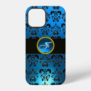 BLUE BLACK DAMASK GEM STONE MONOGRAM iPhone 12 CASE