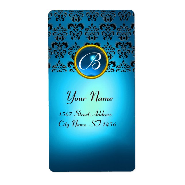 BLUE BLACK DAMASK MONOGRAM,sapphire turquase (Front)