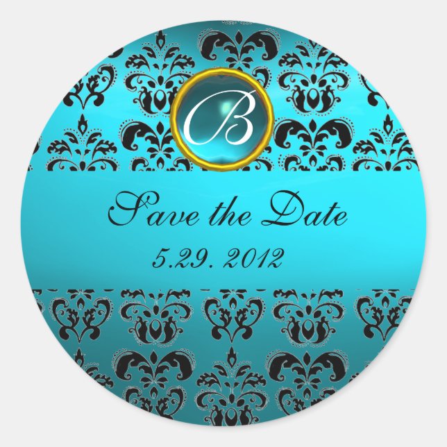 BLUE BLACK DAMASK MONOGRAM ,turquase aquamarine Classic Round Sticker (Front)