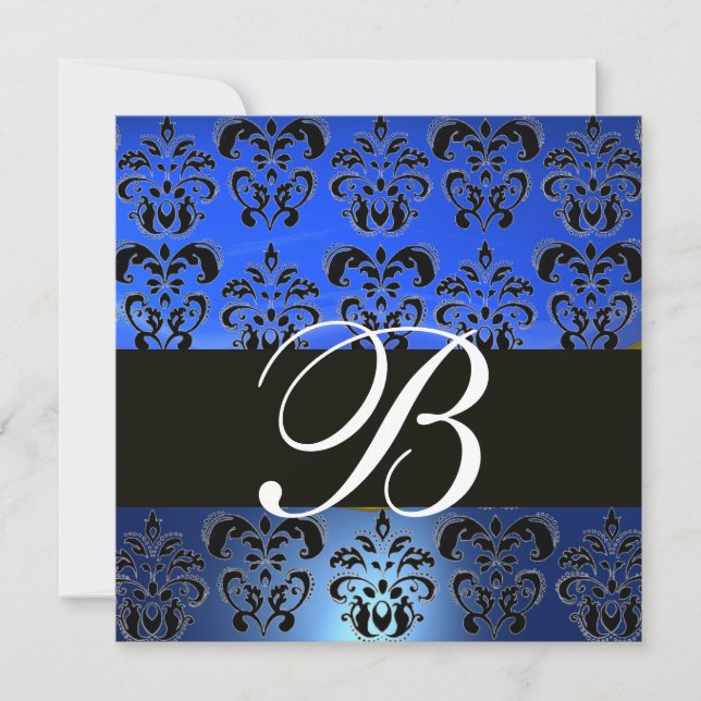 BLUE BLACK  DAMASK MONOGRAM , white Invitation (Front)