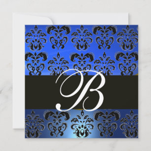BLUE BLACK DAMASK MONOGRAM , white Invitation