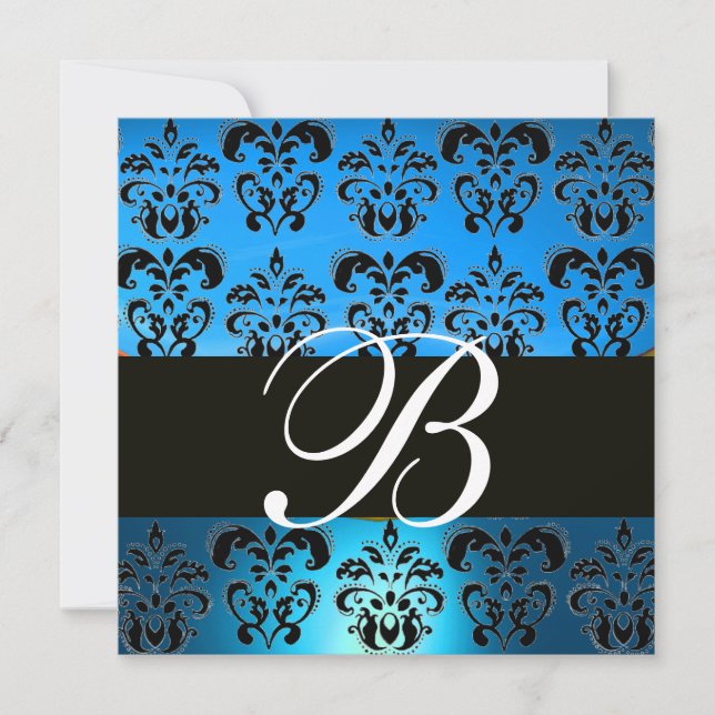 BLUE BLACK  DAMASK MONOGRAM , white Invitation (Front)