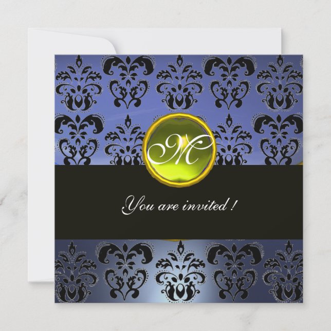 BLUE BLACK  DAMASK MONOGRAM, yellow topaz Invitation (Front)