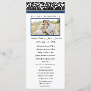 Blue Black Damask Photo Wedding Program Programme
