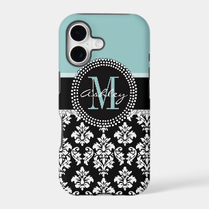 BLUE, BLACK DAMASK, YOUR MONOGRAM ,YOUR NAME