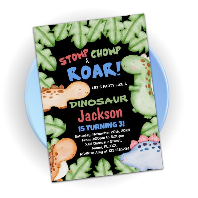 Blue Black Dinosaur Birthday Invitations (Creator Uploaded)