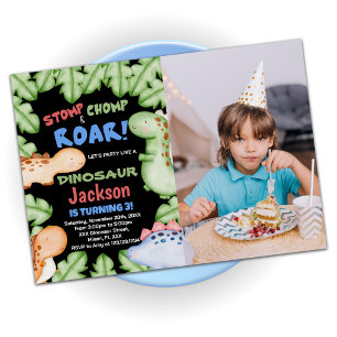 Blue Black Dinosaur Birthday Invitations w photo