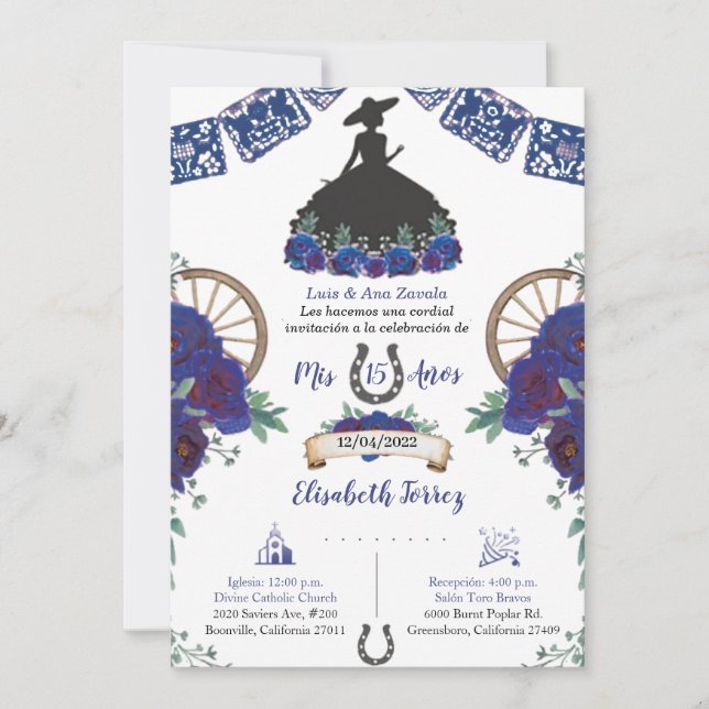 Blue Black Dress Charra Invitation, Charro Mexican (Front)