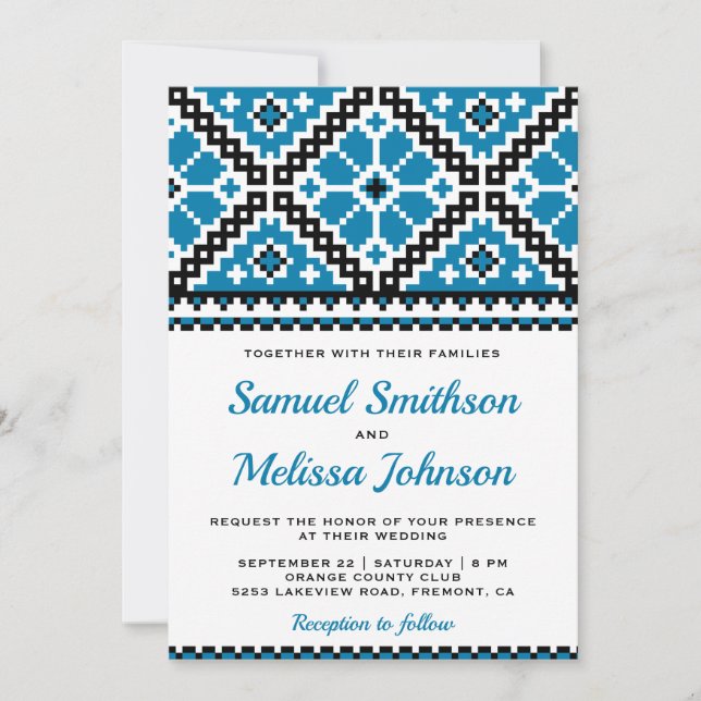 Blue Black Embroidery Ukrainian Wedding Invitation (Front)