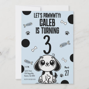 Blue & Black Fish Bones Puppy Dog Birthday Party  Invitation