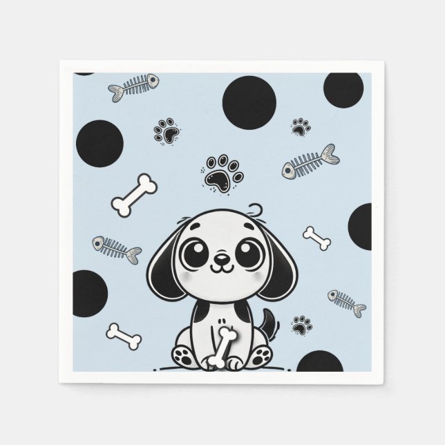 Blue & Black Fish Bones Puppy Dog Birthday Party  Napkin (Front)