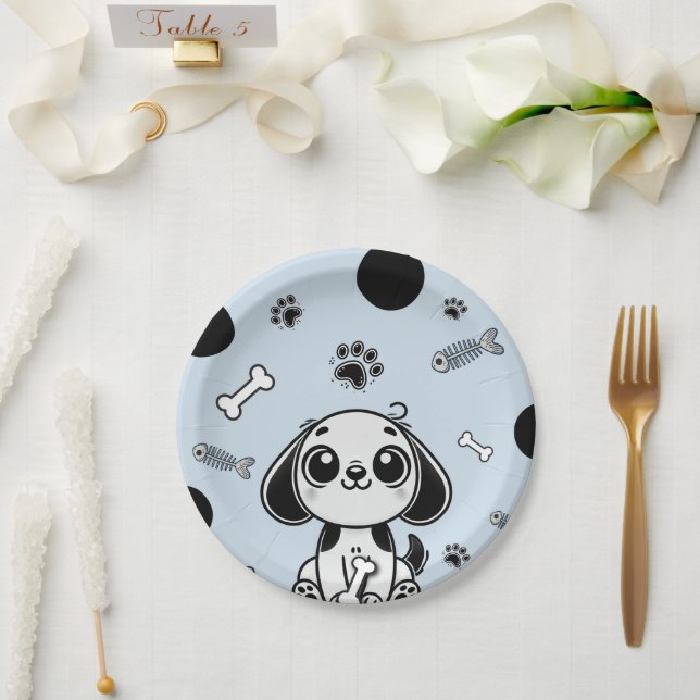 Blue & Black Fish Bones Puppy Dog Birthday Party  Paper Plate (Wedding)