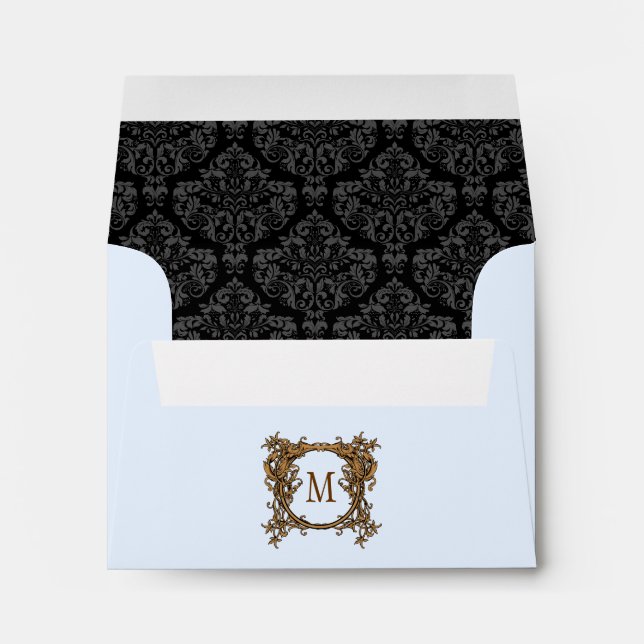 Blue & Black Floral Crest Damask Monogram Envelope (Back (Bottom))